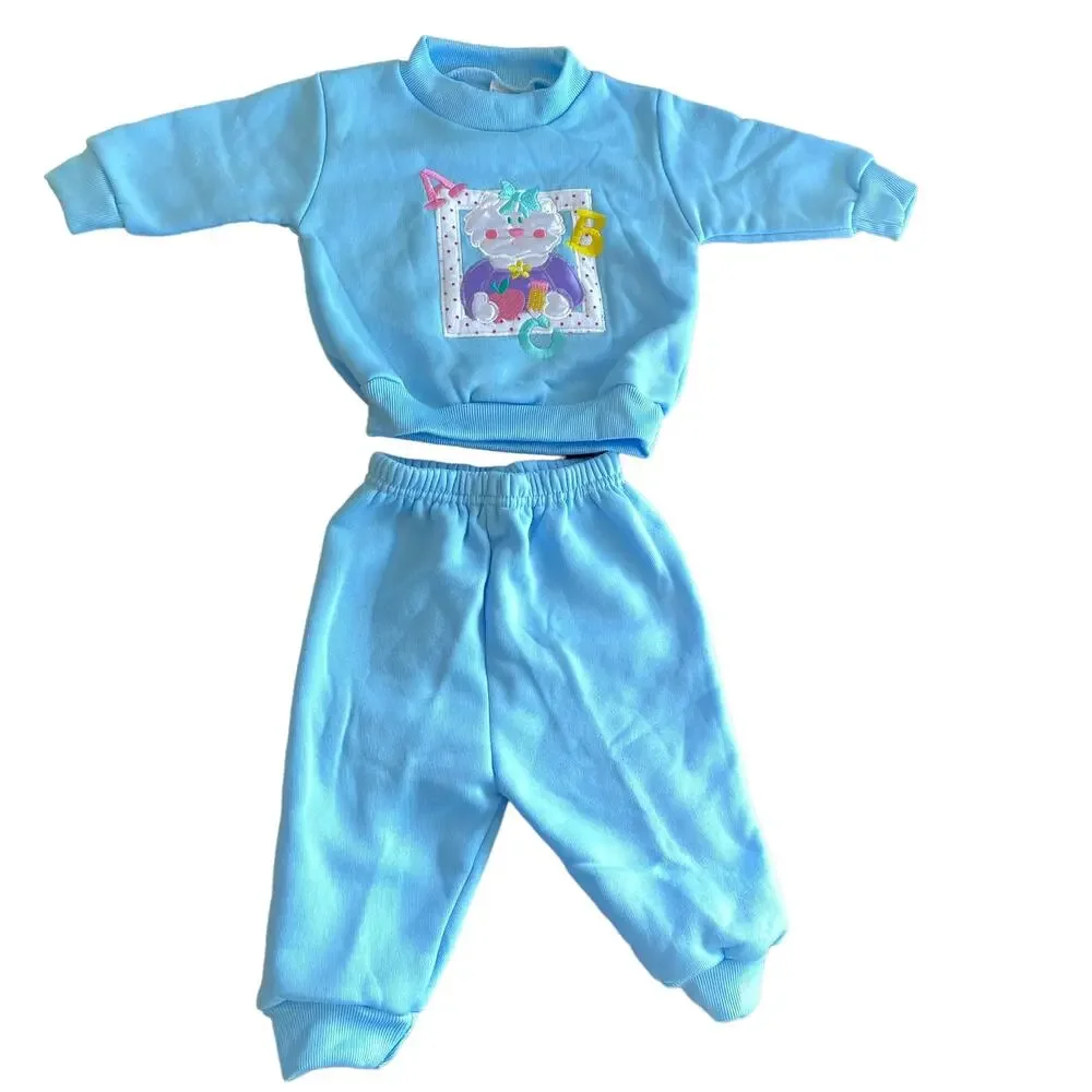 Vintage Kid Fusion Baby 2 Piece Outfit 0-6M Blue Fleece Lined Satin Embroidered